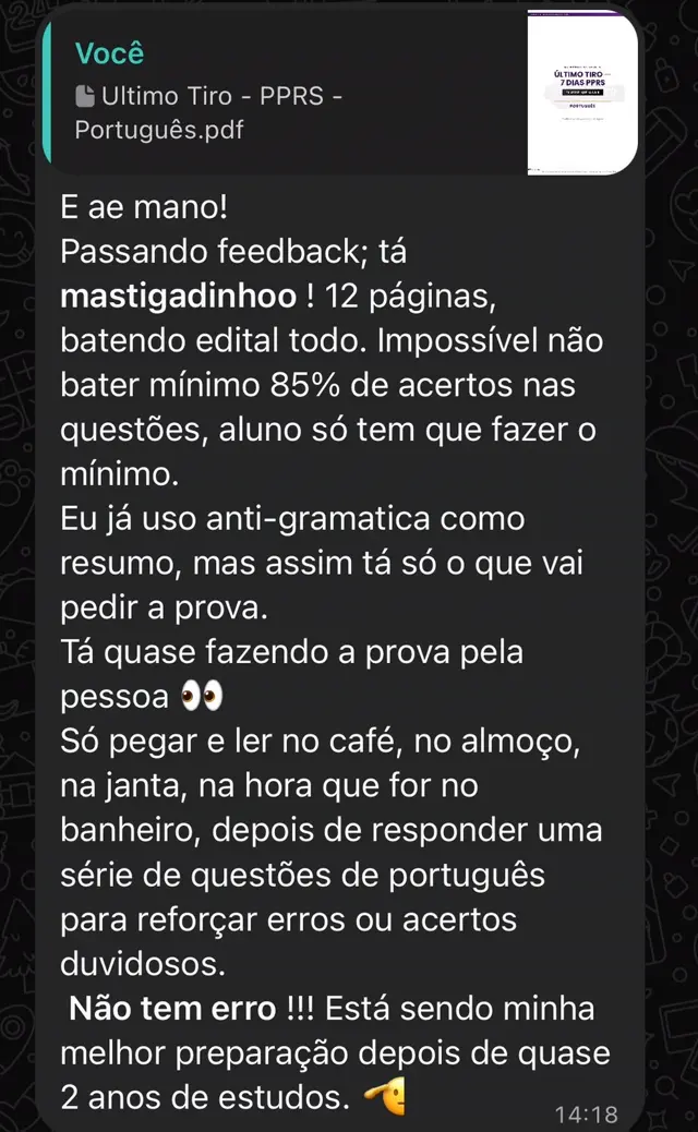 Depoimento aluno Anti-Gramática, resultado PPRS