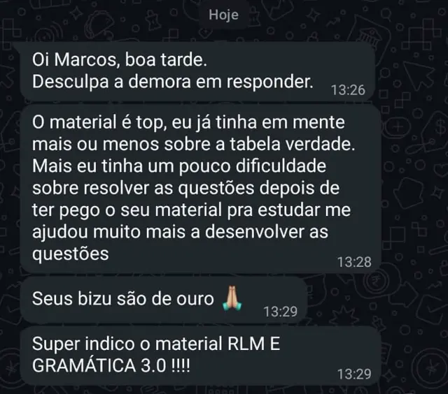 Depoimento de aluno do RLM sobre a tabela-verdade: o material ajudou muito a desenvolver as questões, os bizus são de ouro