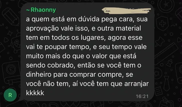 Depoimento de aluno do RLM no grupo do Telegram recomendando o material, que poupa tempo de estudo